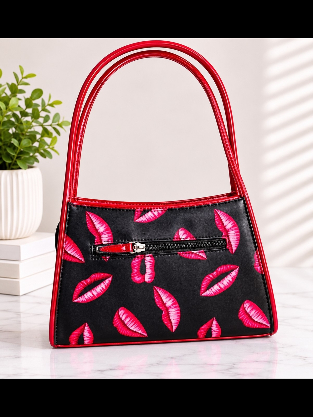 Black Shoulder Bag with Pink Lip Print and Red Trim - Picture 4 of 4